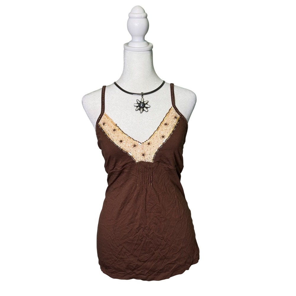 Rue21 Brown Tank Top with Cream Lace Trim